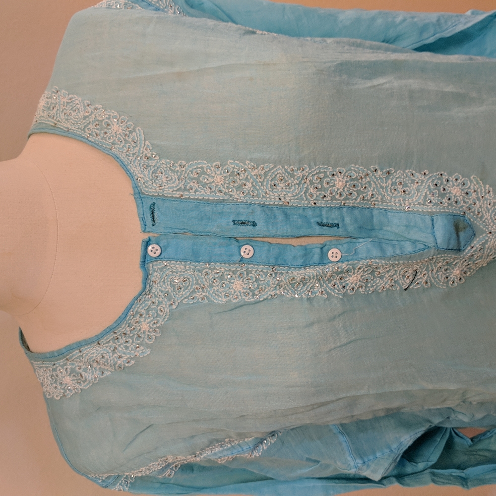 Long turquoise sheer cotton tunic, embroidery and glittery crystals